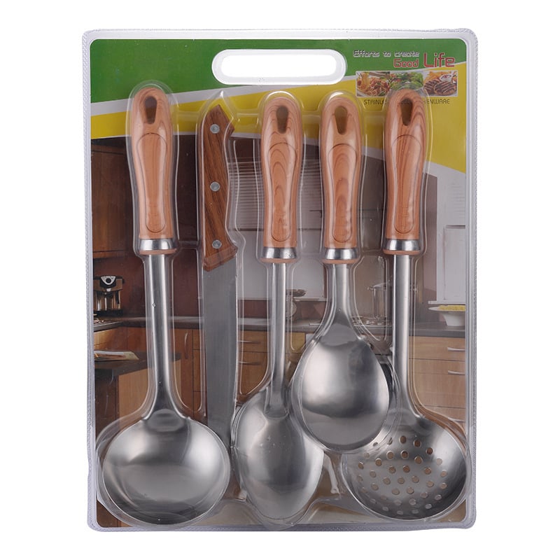 Set de ustensile din oțel inox cu mâner imitatie de lemn – spatulă, lingură de supă și lingură cu găuri