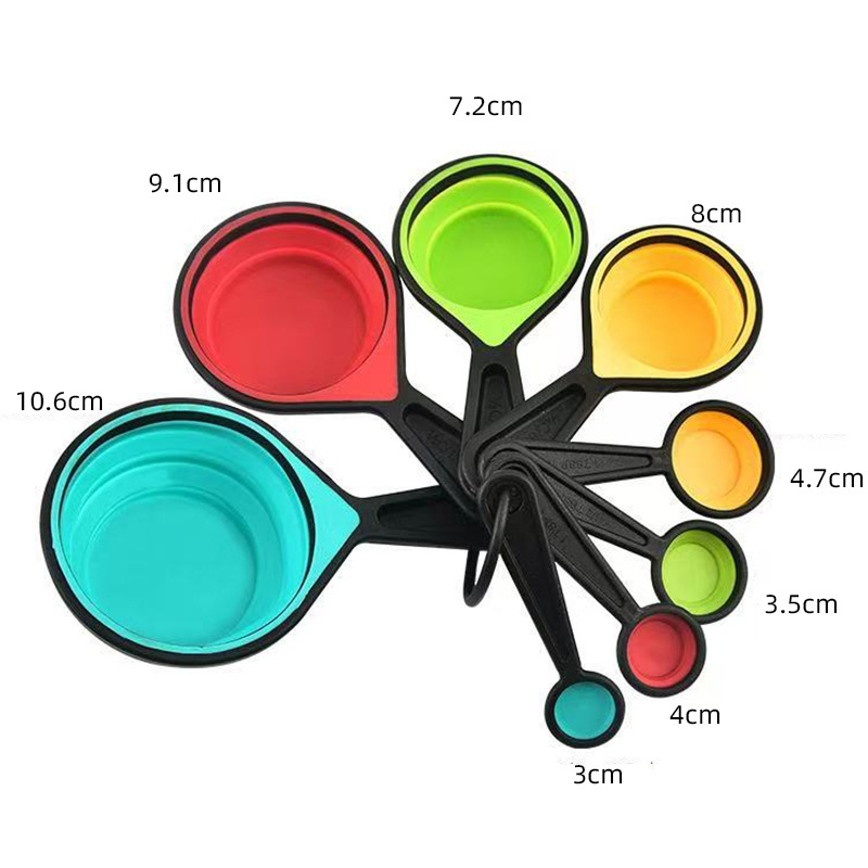 Set din silicon, 8 piese: cești de măsurat și linguri telescopice, pliabile, pentru bucătărie și coacere