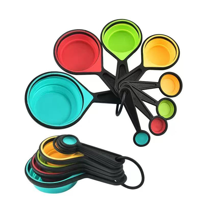 Set din silicon, 8 piese: cești de măsurat și linguri telescopice, pliabile, pentru bucătărie și coacere