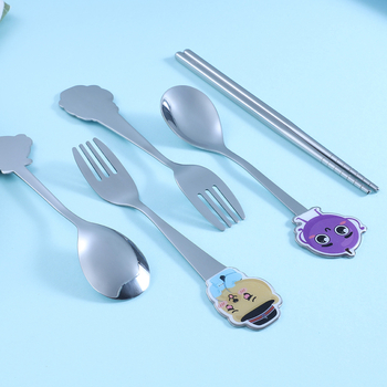Set de tacâmuri pentru copii din oțel inoxidabil 304: furculiță, lingură și bețișoare într-o cutie cadou cu desen animat