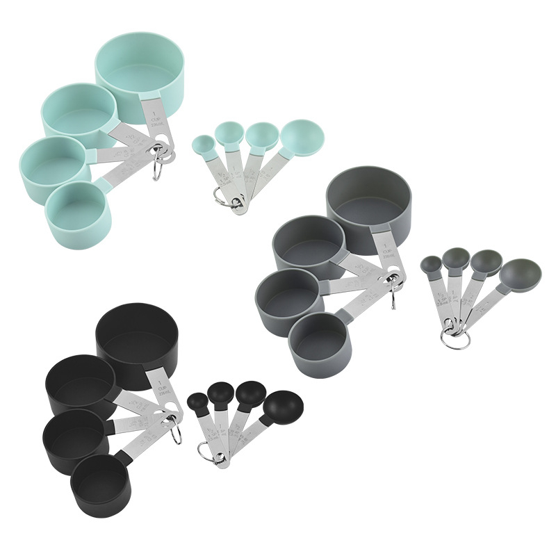 Set din 8 bucăți din plastic pentru măsurare: lingurițe și cești cu scară, incluzând linguriță pentru cafea și lingură reglabilă pentru condimente