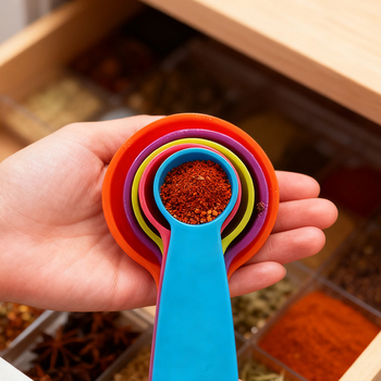Set de măsurare din plastic pentru coacere – căni și linguri colorate pentru lapte praf și condimente