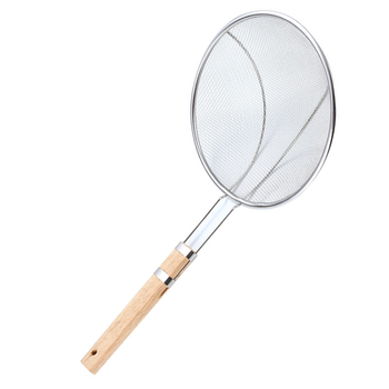 Lingură din oțel inox cu mâner din lemn și sită din plasă, mare pentru oale fierbinți și prăjit, ustensilă de bucătărie profesională