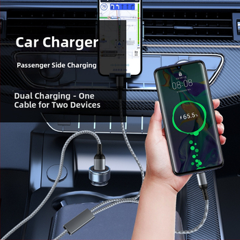 Pletený 3-v-1 automobilový rýchlonabíjací kábel s dvomi výstupmi pre Apple 17 a Huawei — Lightning, Micro-USB a Type-C, 6A, dĺžka 1–2 m