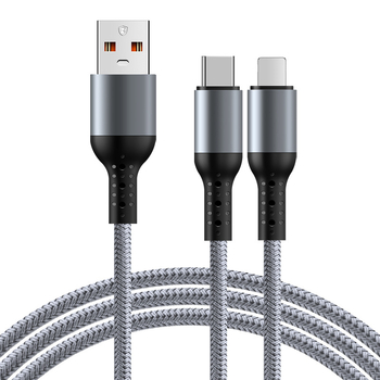 Pleteni automobilni kabel za brzo punjenje 3-u-1 s dvostrukim izlazom za Apple 17 i Huawei — Lightning, Micro-USB i Type-C, 6A, duljina 1–2 m