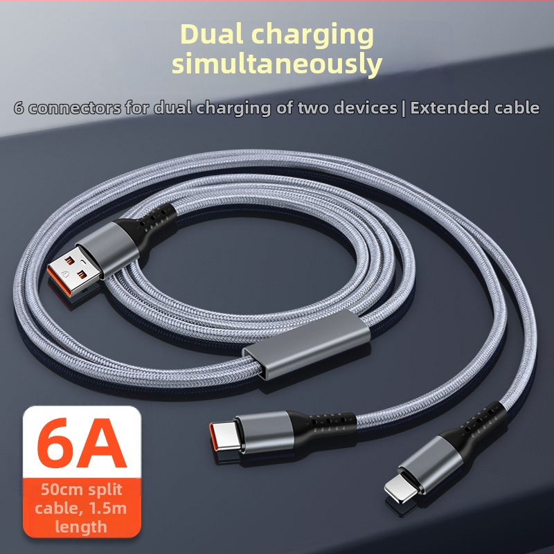 Pletený 3-v-1 automobilový rýchlonabíjací kábel s dvomi výstupmi pre Apple 17 a Huawei — Lightning, Micro-USB a Type-C, 6A, dĺžka 1–2 m