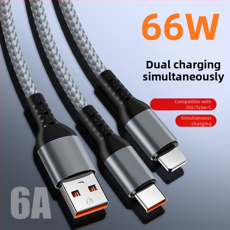 Pletený 3-v-1 automobilový rýchlonabíjací kábel s dvomi výstupmi pre Apple 17 a Huawei — Lightning, Micro-USB a Type-C, 6A, dĺžka 1–2 m