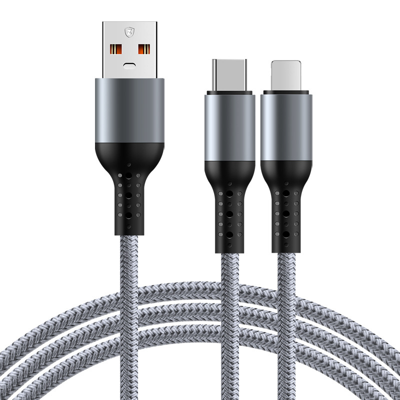 Pleteni automobilni kabel za brzo punjenje 3-u-1 s dvostrukim izlazom za Apple 17 i Huawei — Lightning, Micro-USB i Type-C, 6A, duljina 1–2 m
