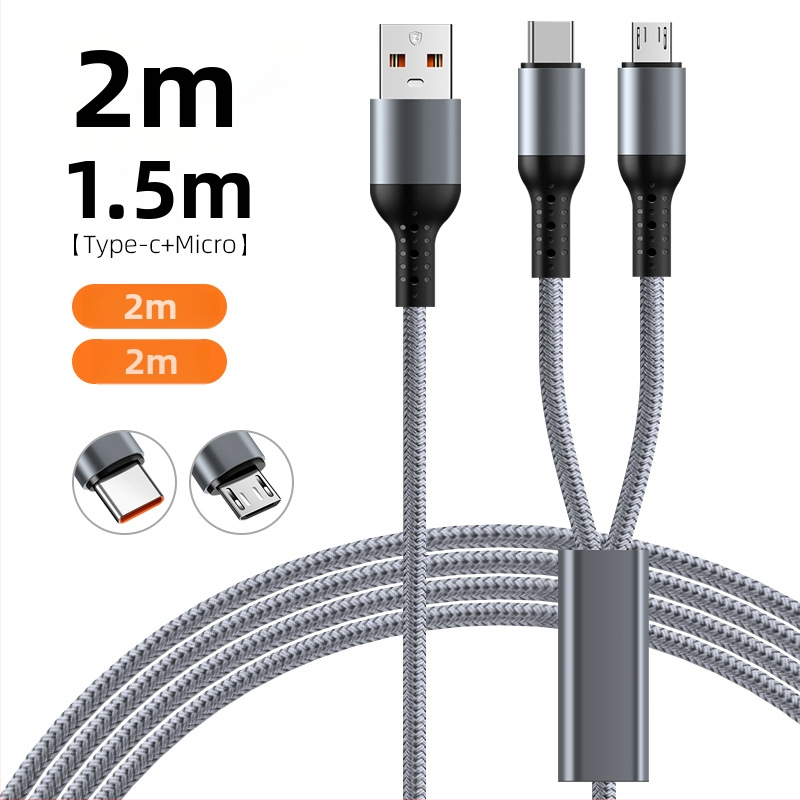 Pletený 3-v-1 automobilový rýchlonabíjací kábel s dvomi výstupmi pre Apple 17 a Huawei — Lightning, Micro-USB a Type-C, 6A, dĺžka 1–2 m