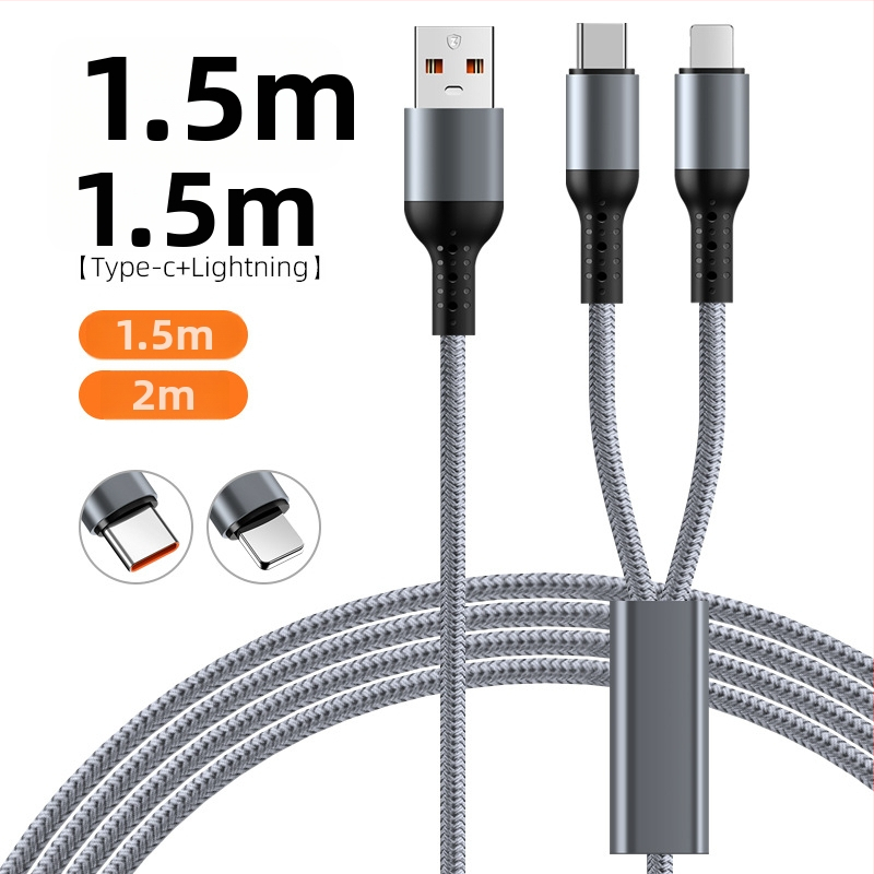 Pletený 3-v-1 automobilový rýchlonabíjací kábel s dvomi výstupmi pre Apple 17 a Huawei — Lightning, Micro-USB a Type-C, 6A, dĺžka 1–2 m