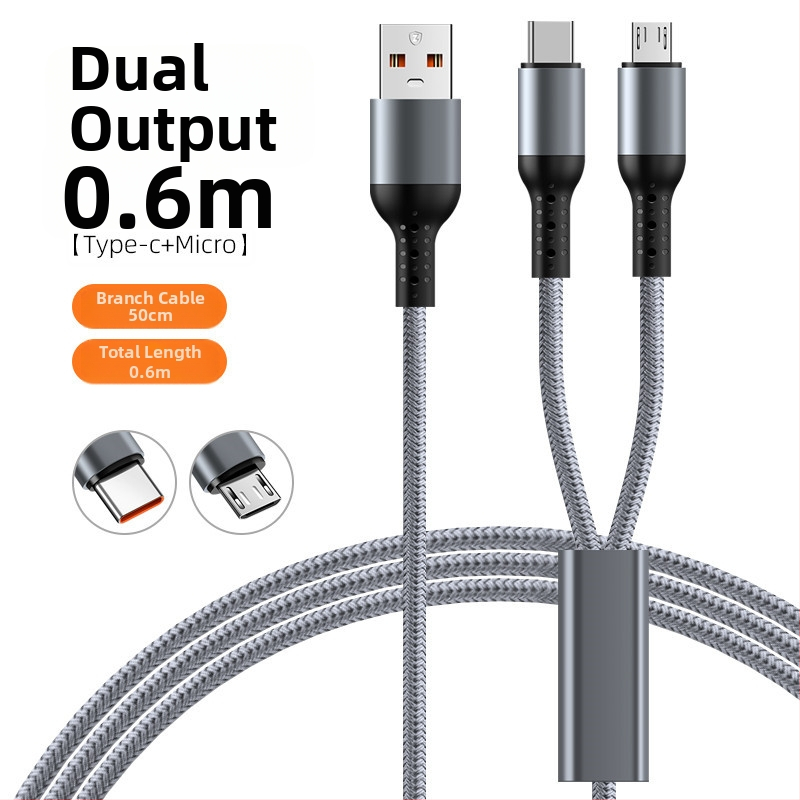 Pletený 3-v-1 automobilový rýchlonabíjací kábel s dvomi výstupmi pre Apple 17 a Huawei — Lightning, Micro-USB a Type-C, 6A, dĺžka 1–2 m