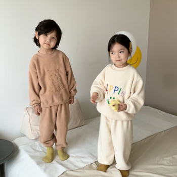 Téli gyerekeknek készült vastag fleece-pizsama szett, koreai stílusú, otthoni viselet, uniszex