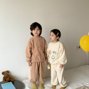 Téli gyerekeknek készült vastag fleece-pizsama szett, koreai stílusú, otthoni viselet, uniszex