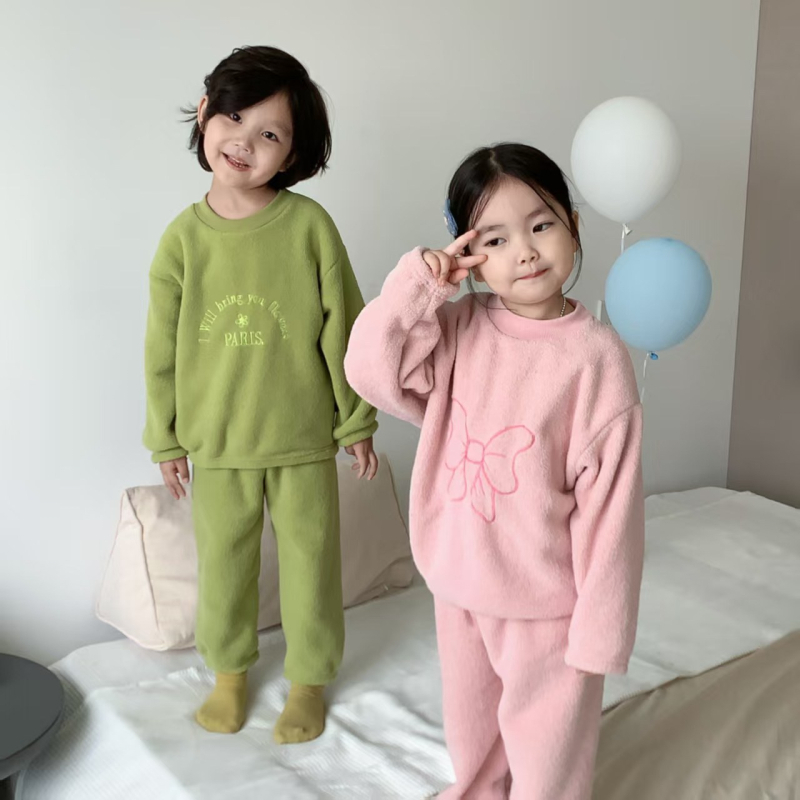 Téli gyerekeknek készült vastag fleece-pizsama szett, koreai stílusú, otthoni viselet, uniszex