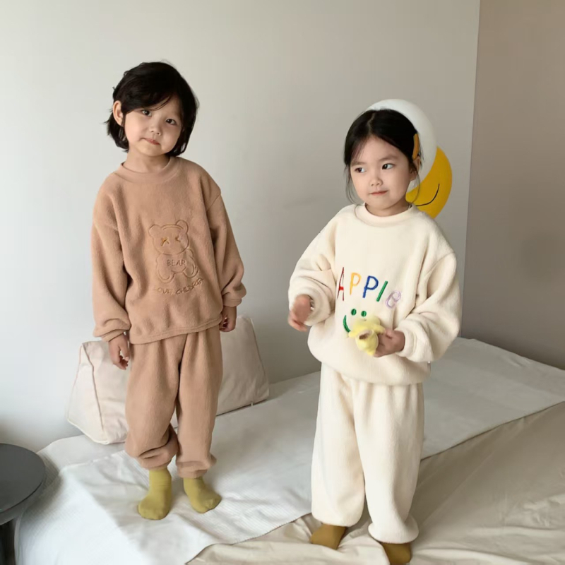 Téli gyerekeknek készült vastag fleece-pizsama szett, koreai stílusú, otthoni viselet, uniszex