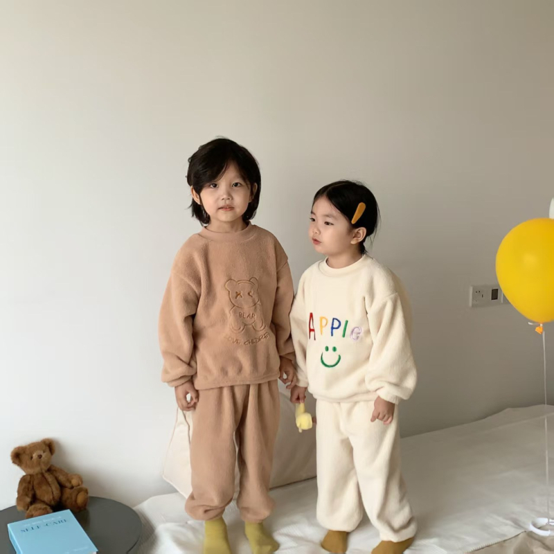 Téli gyerekeknek készült vastag fleece-pizsama szett, koreai stílusú, otthoni viselet, uniszex