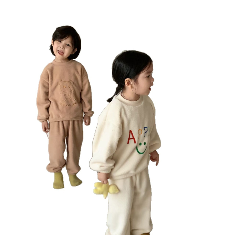 Téli gyerekeknek készült vastag fleece-pizsama szett, koreai stílusú, otthoni viselet, uniszex