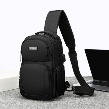 Férfi mellkasi táska letisztult üzleti stílussal, len anyagból, lélegző, vízálló, kopásálló, USB-csatlakozó és fényvisszaverő részletek; sokoldalú vállon átvethető táska mindennapi használatra, 8 hüvelykes laptophoz.