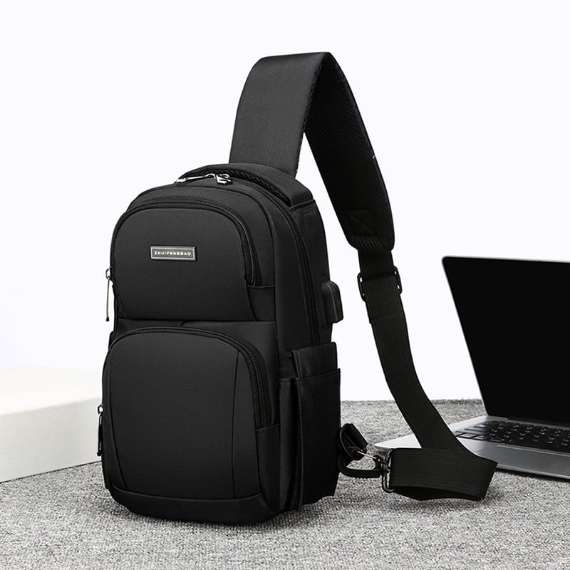 Férfi mellkasi táska letisztult üzleti stílussal, len anyagból, lélegző, vízálló, kopásálló, USB-csatlakozó és fényvisszaverő részletek; sokoldalú vállon átvethető táska mindennapi használatra, 8 hüvelykes laptophoz.