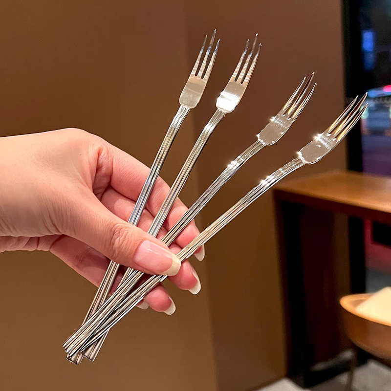 Furculiță pentru fructe din oțel inoxidabil, cu design cu trei linii, pentru uz casnic, Mooncake și desert