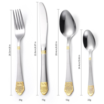 Set de tacâmuri occidentale din oțel inoxidabil, 24 de piese: cuțit, furculițe și linguri, cu suport de agățat — design cu coroană aurie