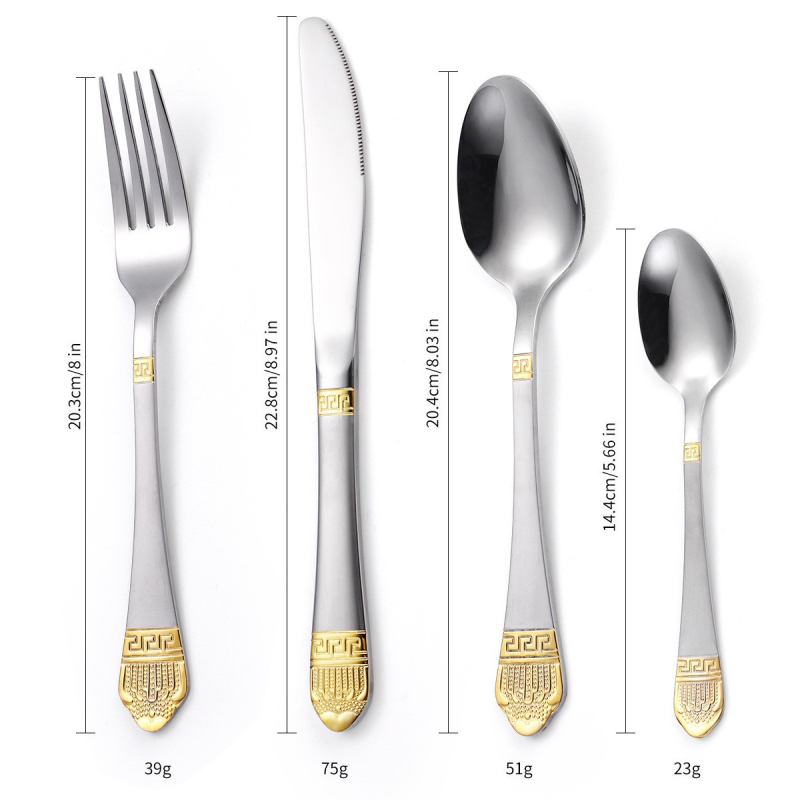 Set de tacâmuri occidentale din oțel inoxidabil, 24 de piese: cuțit, furculițe și linguri, cu suport de agățat — design cu coroană aurie