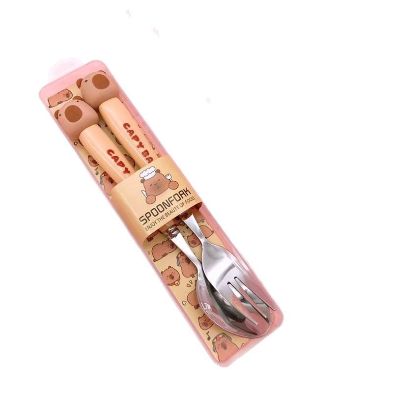 Kapy set de tacâmuri din oțel inoxidabil pentru copii și elevi, set portabil format din două piese: furculiță și lingură, cu cutie de depozitare