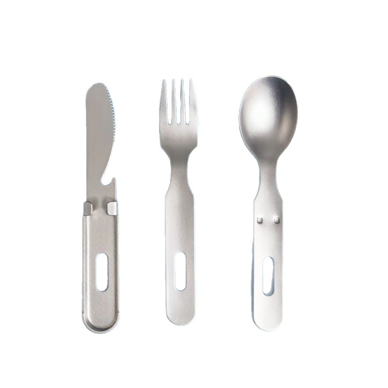 Set de tacâmuri pentru exterior din titan pur, 3 în 1: cuțit, furculiță și lingură