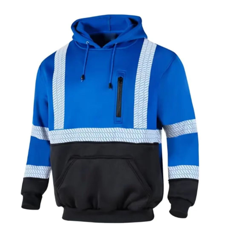 Visoko vidljiva reflektirajuća hoodie za noćnu sigurnost na gradilištu, podstavljena fleesom, topla, s kapuljom, višebojni blok, dugi rukav