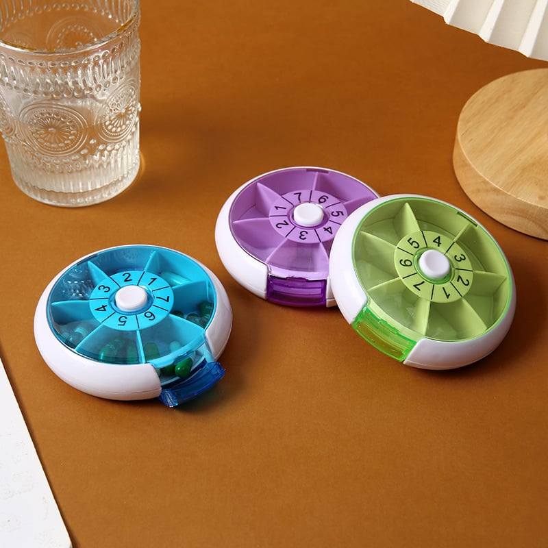 Organizator circular pentru pastile, săptămânal, cu 7 compartimente, cutie rotativă din plastic, portabil