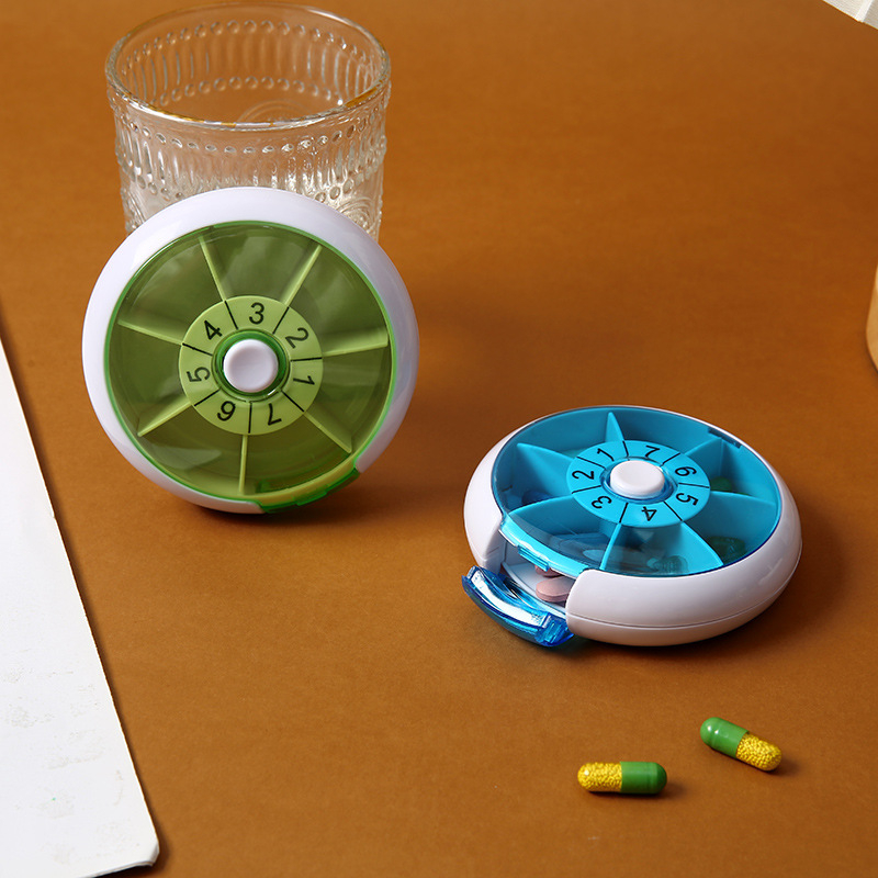 Organizator circular pentru pastile, săptămânal, cu 7 compartimente, cutie rotativă din plastic, portabil