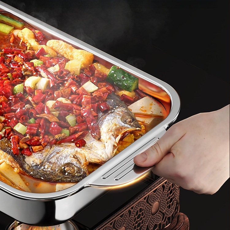 Tigaie gril dreptunghiulară din oțel inoxidabil pentru fructe de mare și pește, compatibilă cu plita cu inducție, antiaderentă, multifuncțională
