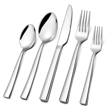 Set de tacâmuri din oțel inoxidabil, 5 piese, mânere pătrate: cuțit, furculiță, lingură, lingură de desert, furculiță de desert | oțel inoxidabil 304 | stil modern minimalist