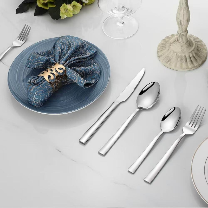Set de tacâmuri din oțel inoxidabil, 5 piese, mânere pătrate: cuțit, furculiță, lingură, lingură de desert, furculiță de desert | oțel inoxidabil 304 | stil modern minimalist