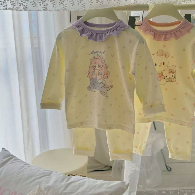 Gyerekeknek szóló aranyos hercegnő témájú pizsama készlet, 2025 tavasz–ősz, két darab, hosszú ujjú felső és hosszú nadrág