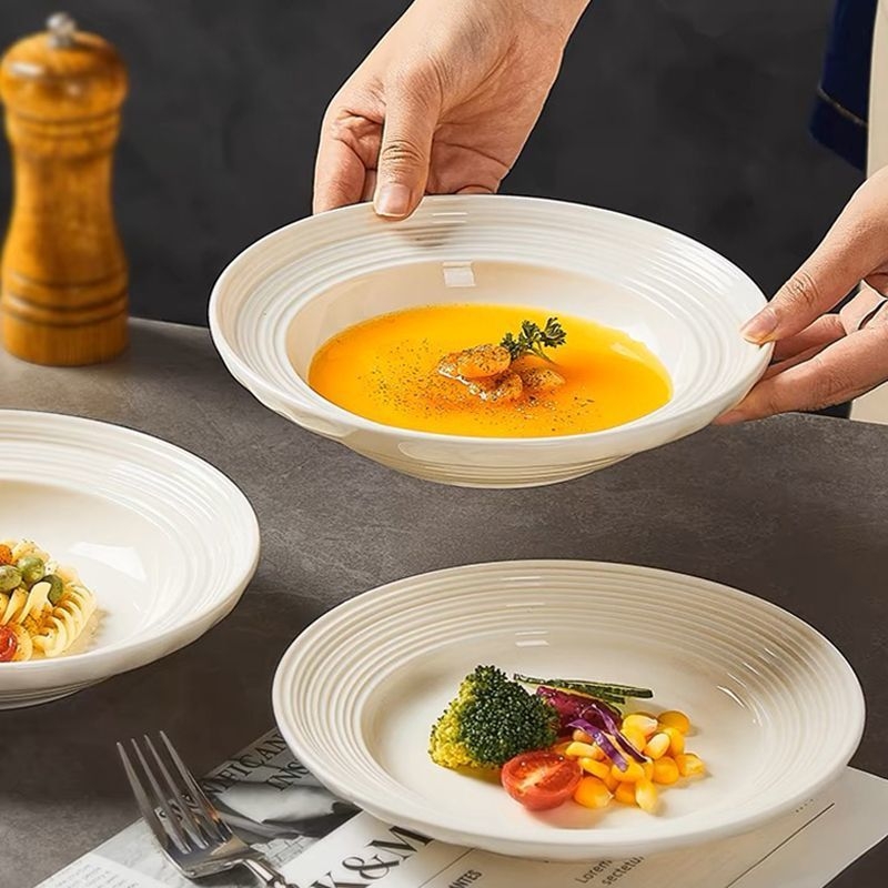 Farfurie adâncă din ceramică pentru uz casnic, design minimalist modern; farfurie pentru supă, paste și salată, senzație premium