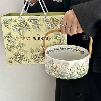 Coș de fructe ceramic cu mâner, design Floarea clopoțel Wind, tavă pentru gustări și fructe uscate, decor pentru living