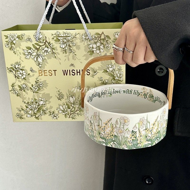 Coș de fructe ceramic cu mâner, design Floarea clopoțel Wind, tavă pentru gustări și fructe uscate, decor pentru living