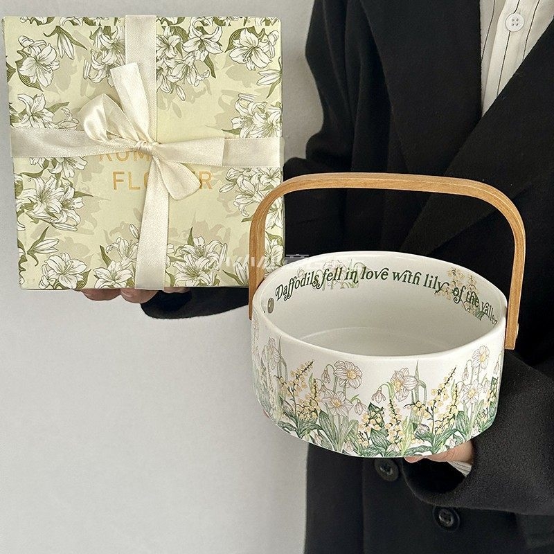 Coș de fructe ceramic cu mâner, design Floarea clopoțel Wind, tavă pentru gustări și fructe uscate, decor pentru living