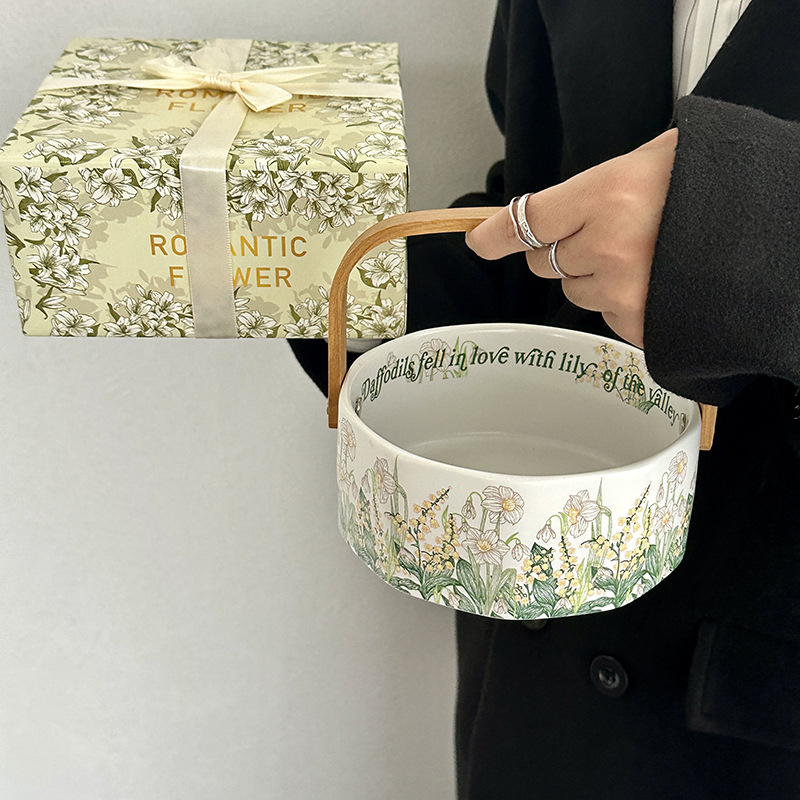 Coș de fructe ceramic cu mâner, design Floarea clopoțel Wind, tavă pentru gustări și fructe uscate, decor pentru living