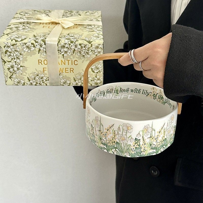 Coș de fructe ceramic cu mâner, design Floarea clopoțel Wind, tavă pentru gustări și fructe uscate, decor pentru living