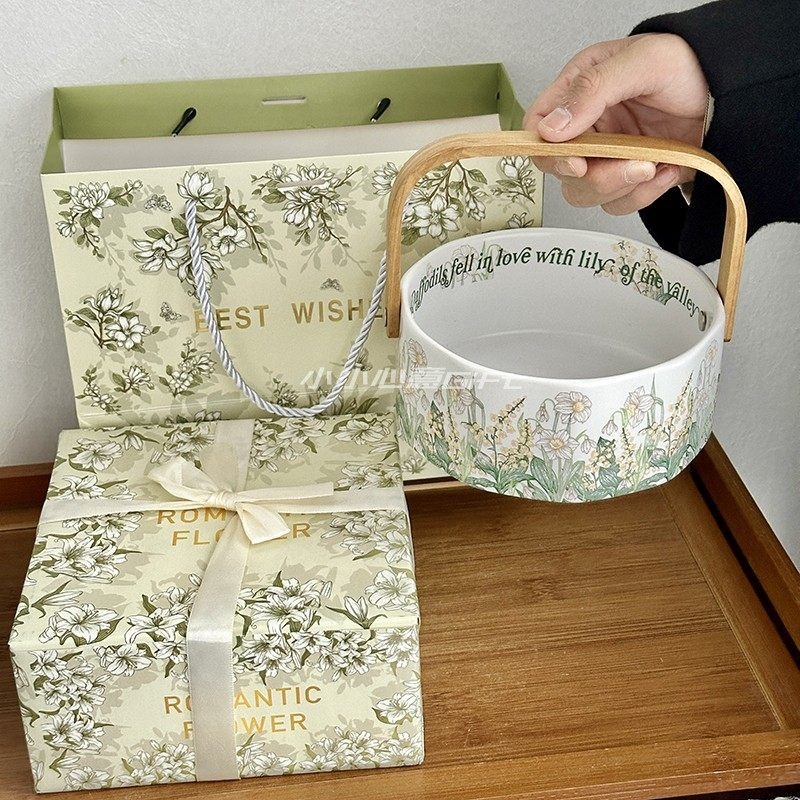 Coș de fructe ceramic cu mâner, design Floarea clopoțel Wind, tavă pentru gustări și fructe uscate, decor pentru living