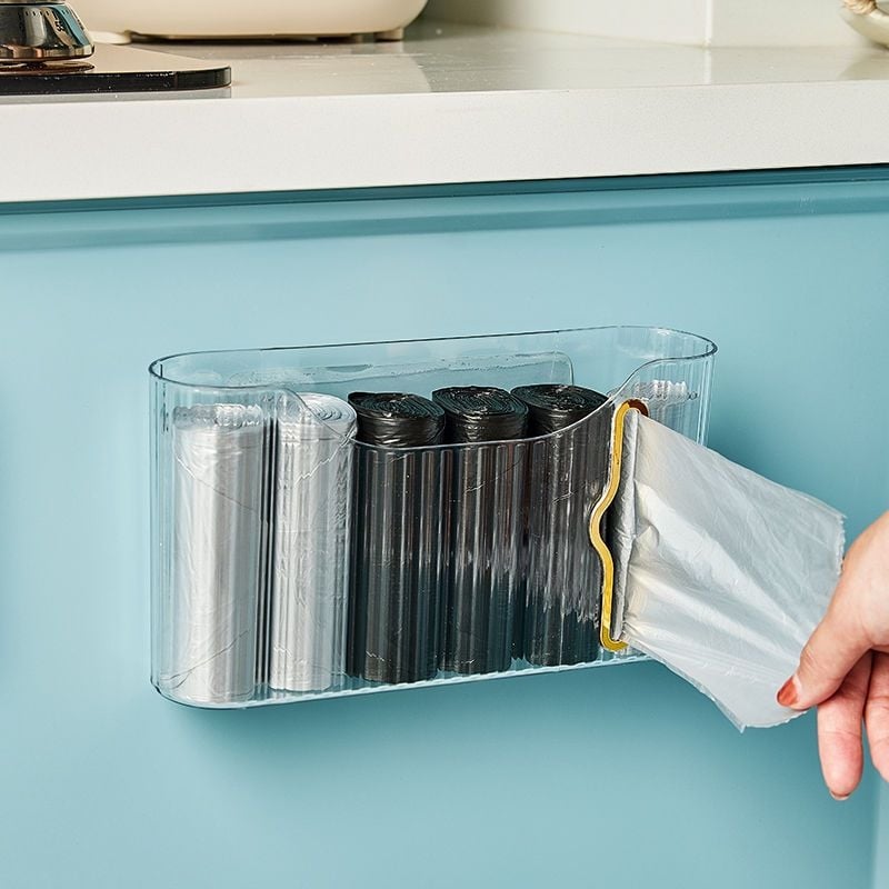 Organizator de sacoșe pentru gunoi, montaj pe perete fără găuri, cu sertar glisant, pentru pungi de plastic de unică folosință