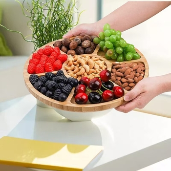 Tavă de fructe din bambus cu cinci compartimente, stil simplu