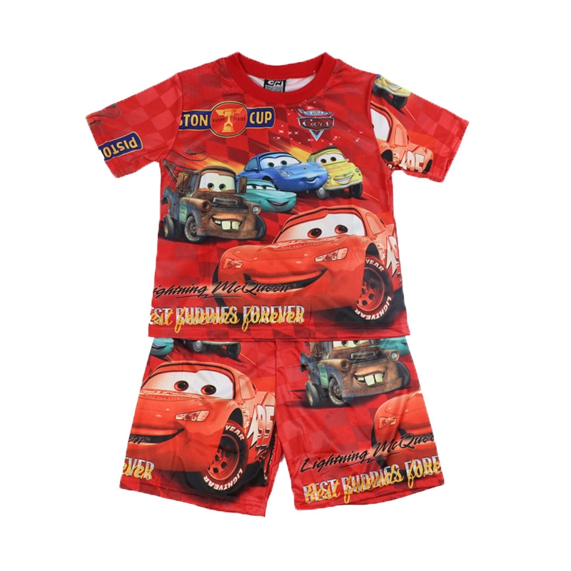 Fiúknak szánt nyári rövid ujjú pizsama készlet, 2 darabos, Cars minta, pamut–keverék anyag, 3–8 éveseknek