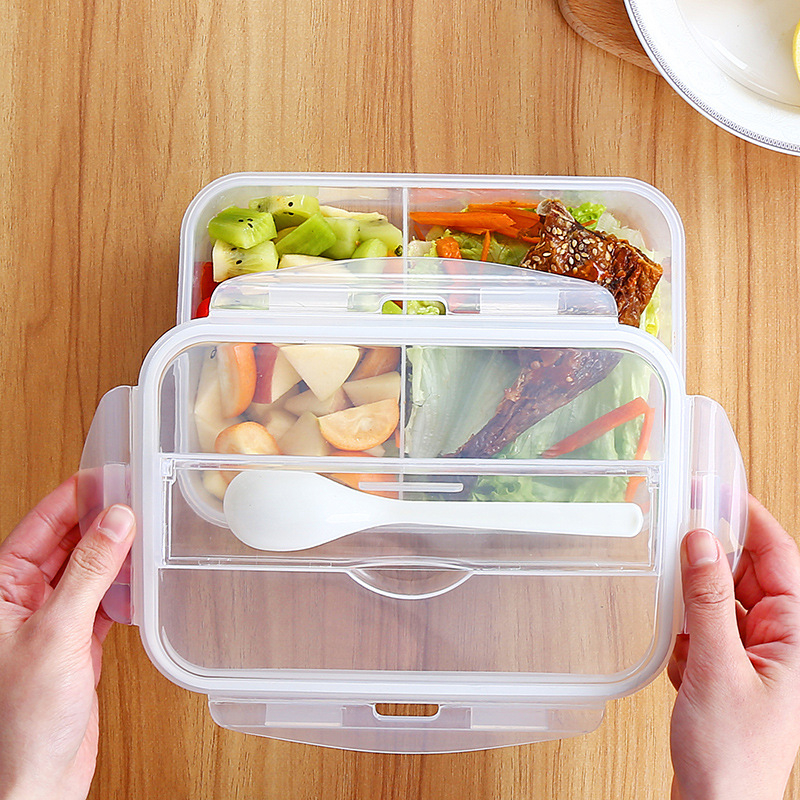 Plastična kutija za ručak s odjeljcima, bento stil, sigurna za mikrovalnu, kompatibilna s hladnjakom, zatvorena kutija sa žlicom