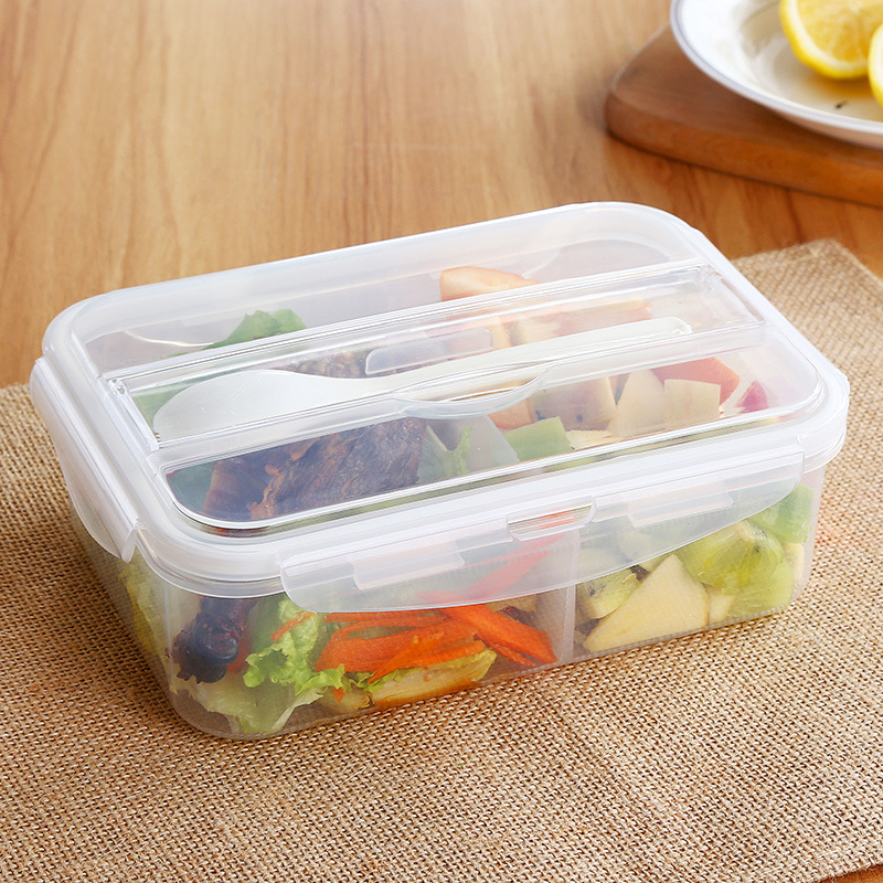 Plastična kutija za ručak s odjeljcima, bento stil, sigurna za mikrovalnu, kompatibilna s hladnjakom, zatvorena kutija sa žlicom