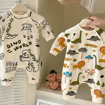 Pamut bébi overál dinoszaurusz mintával, uniszex, hosszú ujjú, kapucni nélküli, pull-over stílusú, 1–3 éves gyerekeknek (80–100 cm)