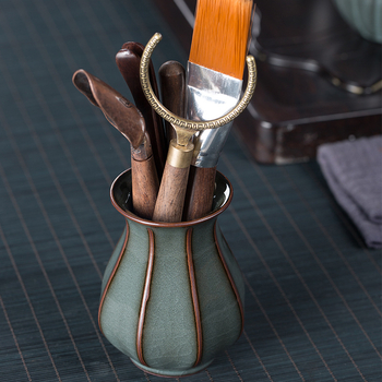 Longquan Celadon Gongfu Set Ceai — Clip ceramic pentru ceai, lemn de abanos, accesorii în 7 piese