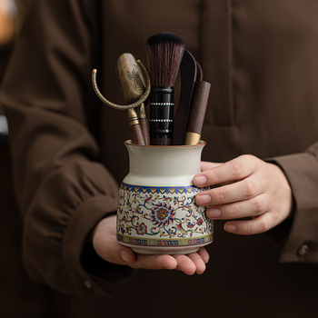 Set bej din ceramică Ru Kiln pentru ceremoniile de ceai, șase piese, ustensile Kung Fu pentru ceai: cuțit de ceai, clește pentru ceai, perie și lingură de ceai